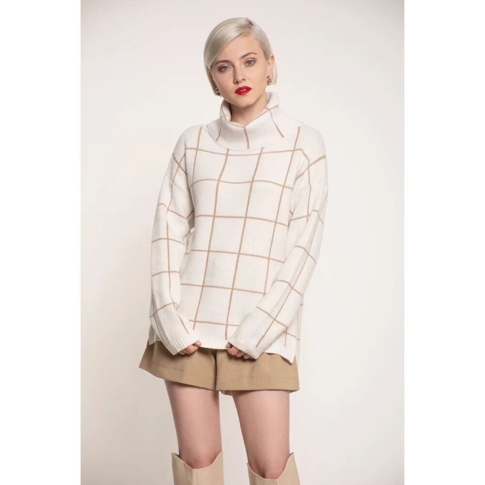 Women’s Cream Windowpane Plaid Turtleneck Sweater Oversized High Low Cozy